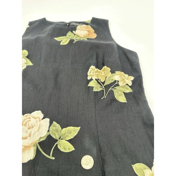 VTG 90s Ellen Tracy 100% Linen Dress 12 Black Floral Sheath Classic Cottagecore - Picture 13 of 14